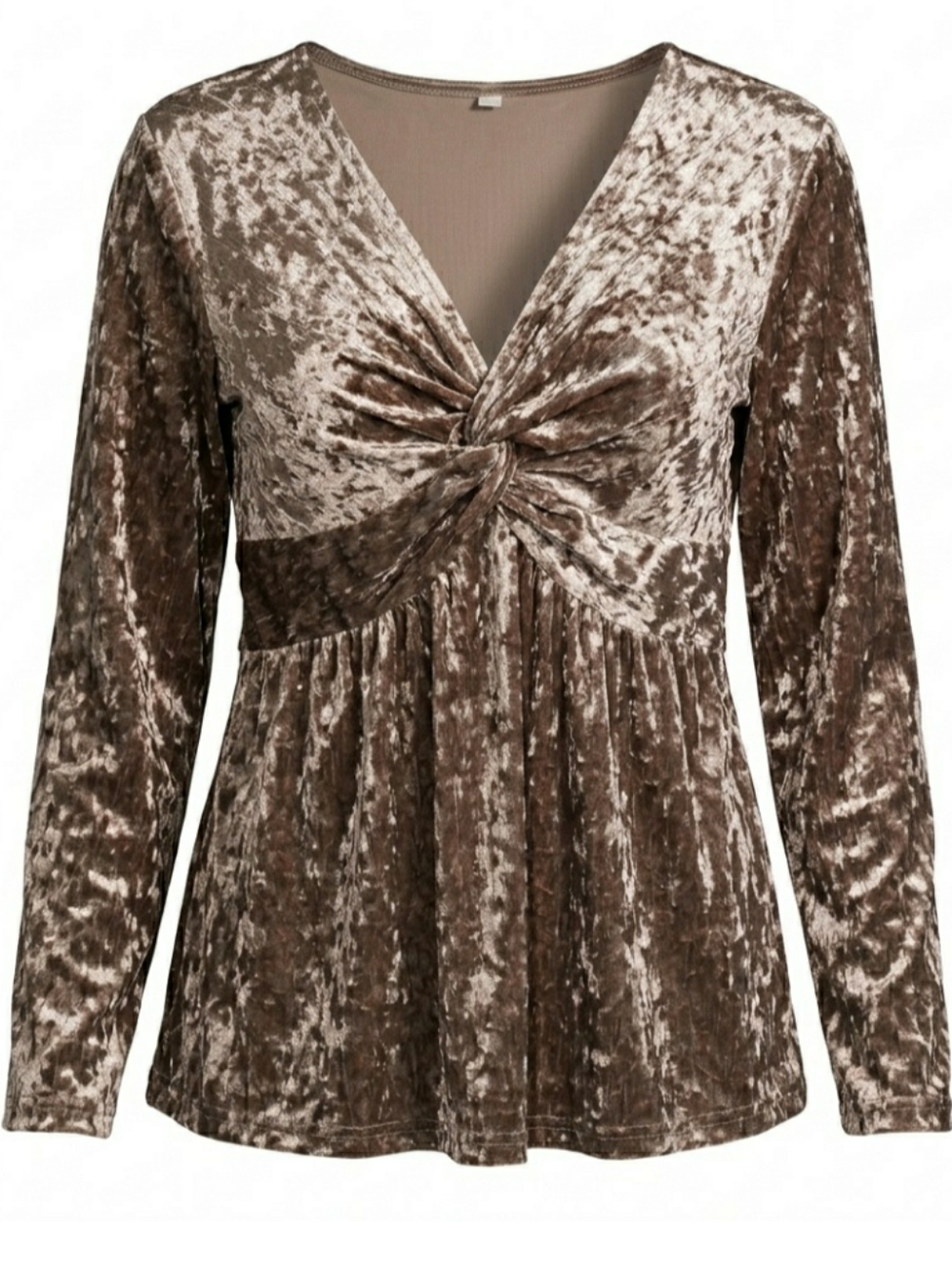 Fashion womens lg silver crushed velvet twist-front long sleeve top. 7041